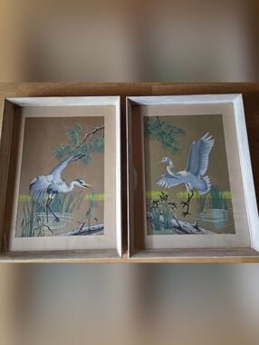 Vintage MCM 1950's James Bunnell Herons Pair of Framed Prints On Paper
